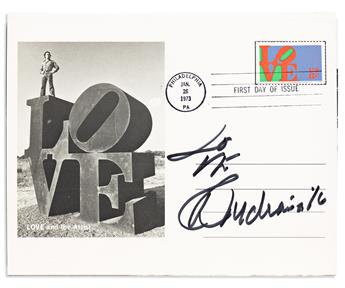 INDIANA, ROBERT. Group of three items, each bearing an 8-cent LOVE stamp cancelled on the first day of issue, each Signed and Inscrib
